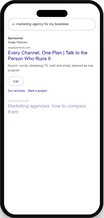 Mockup of a Siegle Partners search ad