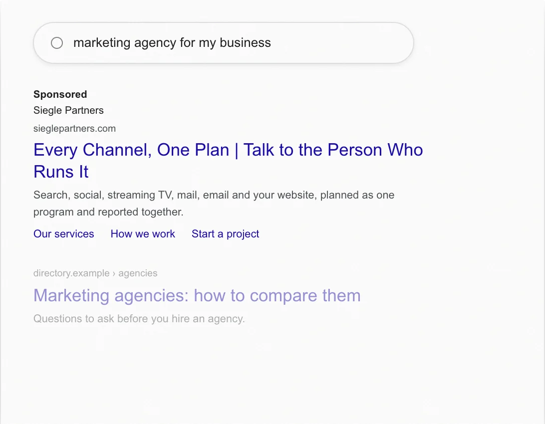Mockup of a Siegle Partners search ad