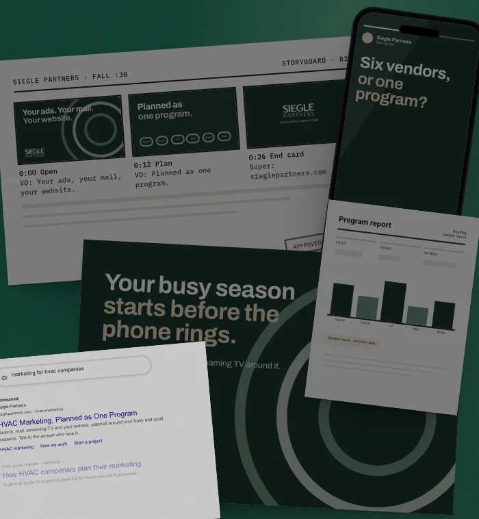 Mockup: one week of a sample Siegle Partners campaign, laid out on a table