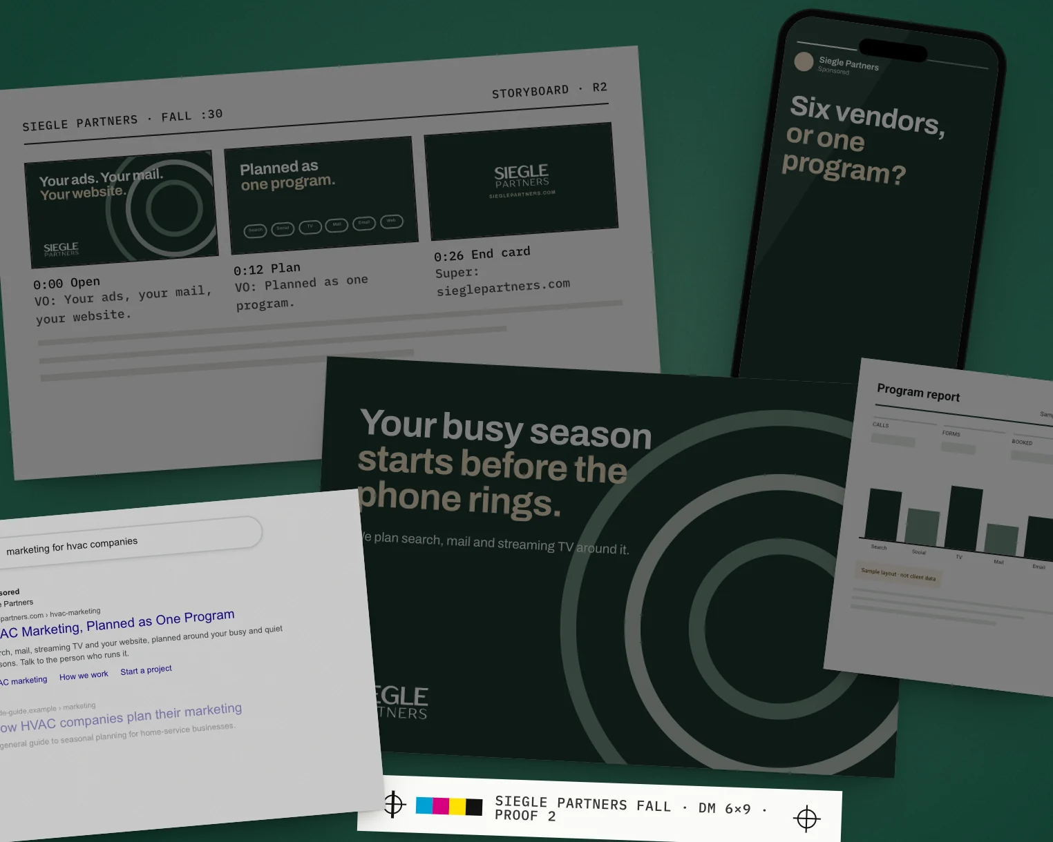Mockup: one week of a sample Siegle Partners campaign, laid out on a table