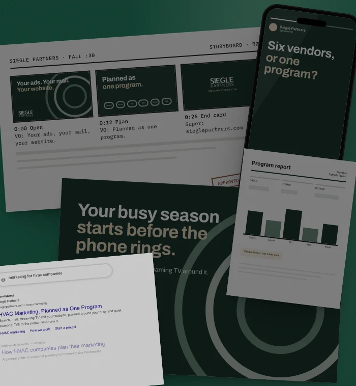 Mockup: one week of a sample Siegle Partners campaign, laid out on a table