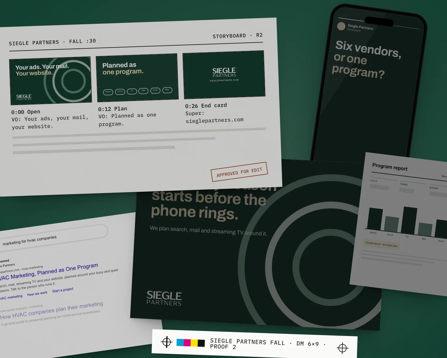 Mockup: one week of a sample Siegle Partners campaign, laid out on a table