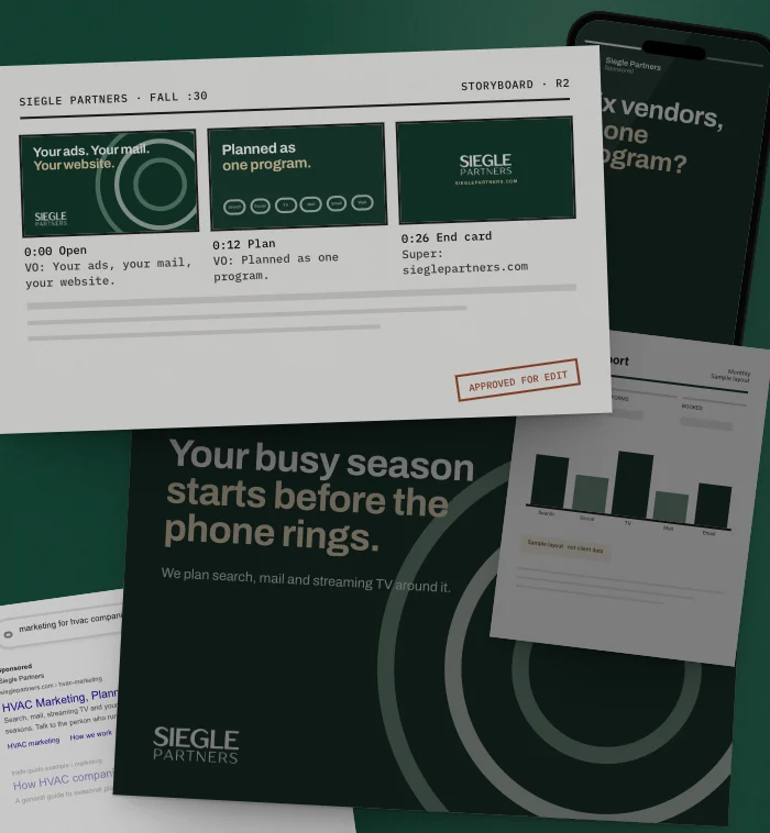 Mockup: one week of a sample Siegle Partners campaign, laid out on a table