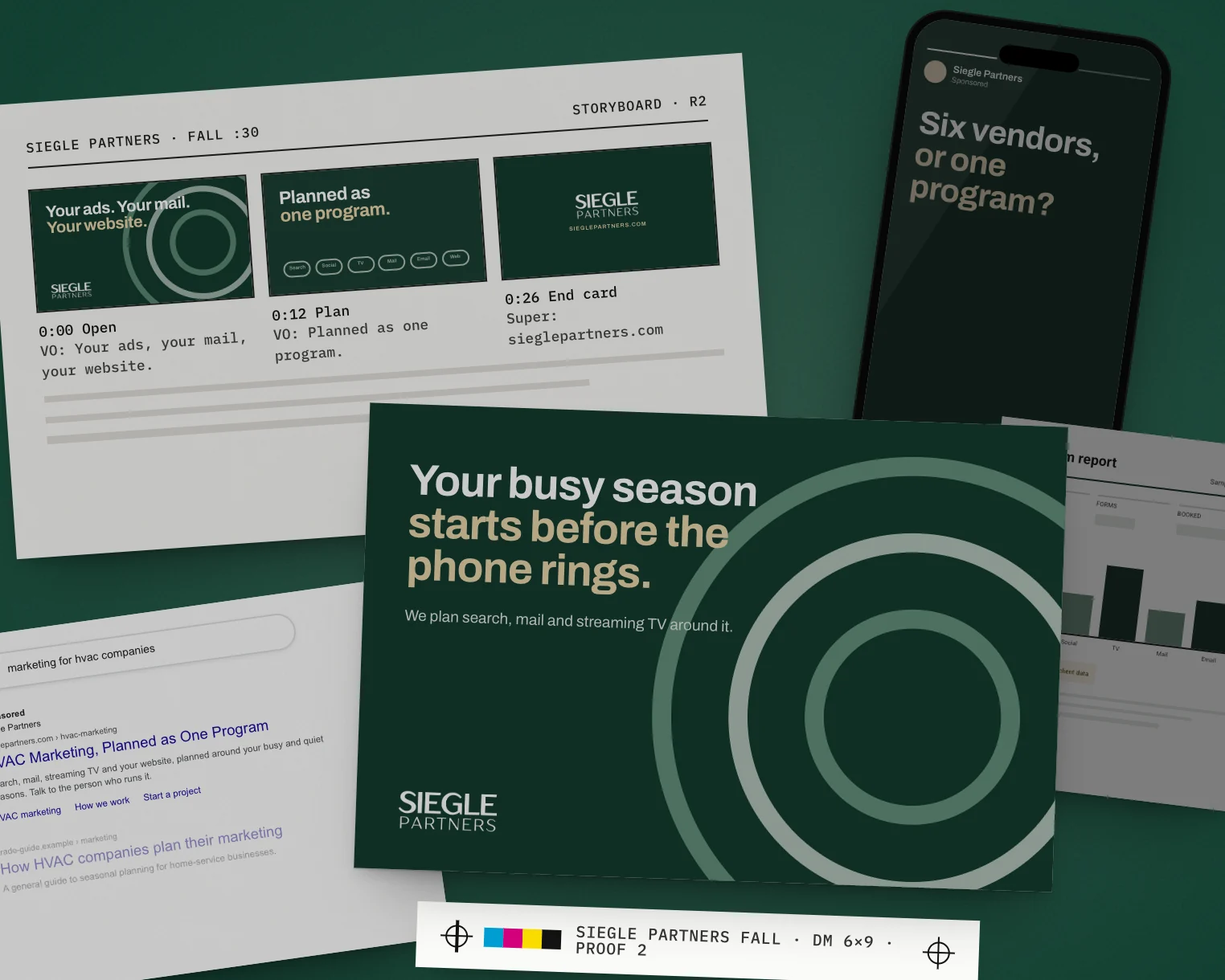 Mockup: one week of a sample Siegle Partners campaign, laid out on a table