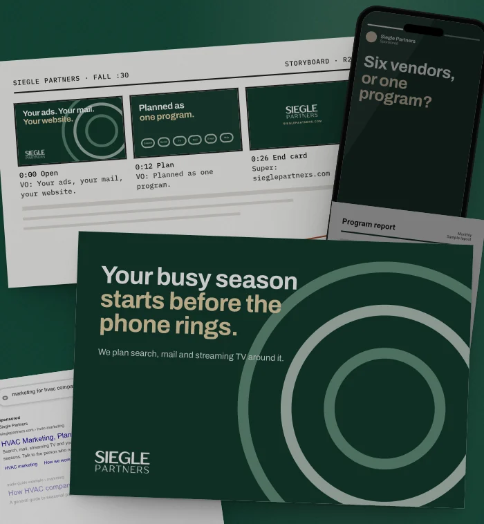 Mockup: one week of a sample Siegle Partners campaign, laid out on a table
