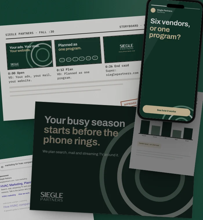 Mockup: one week of a sample Siegle Partners campaign, laid out on a table