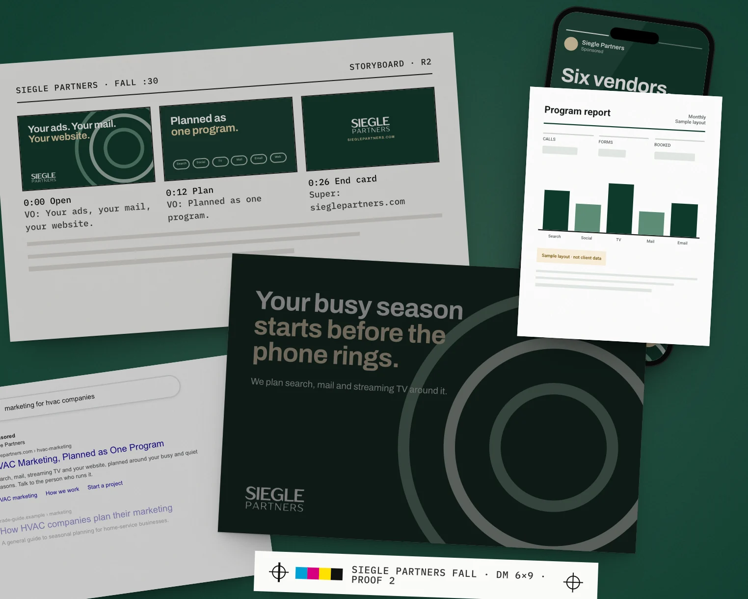 Mockup: one week of a sample Siegle Partners campaign, laid out on a table