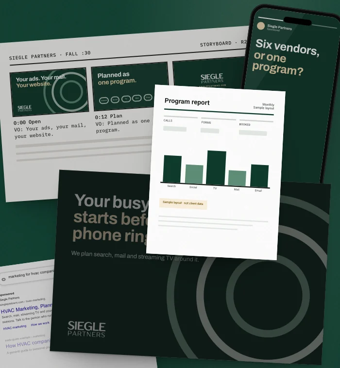 Mockup: one week of a sample Siegle Partners campaign, laid out on a table