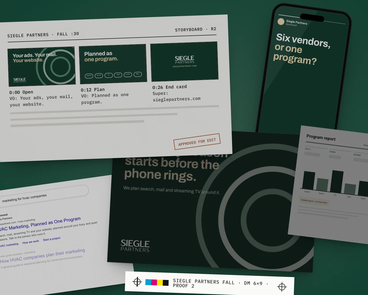 Mockup: one week of a sample Siegle Partners campaign, laid out on a table