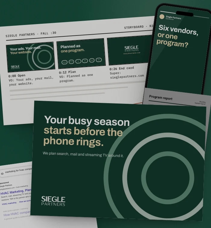Mockup: one week of a sample Siegle Partners campaign, laid out on a table