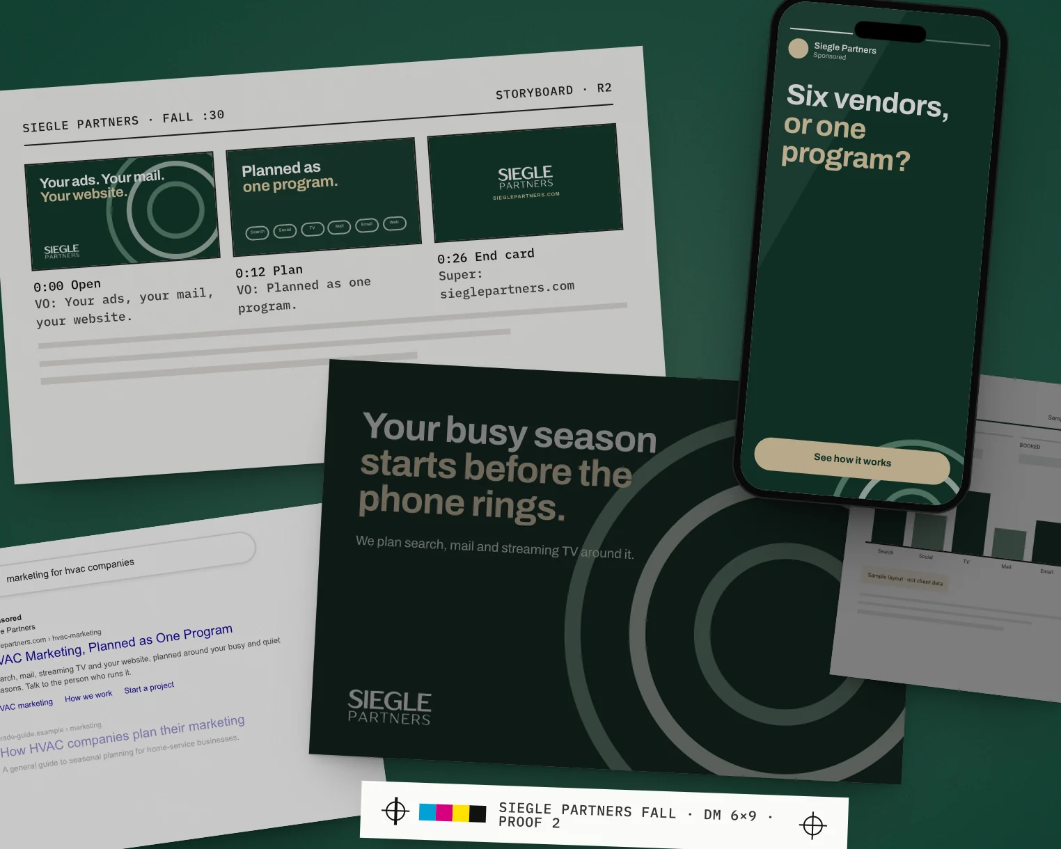 Mockup: one week of a sample Siegle Partners campaign, laid out on a table