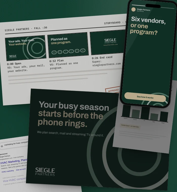 Mockup: one week of a sample Siegle Partners campaign, laid out on a table