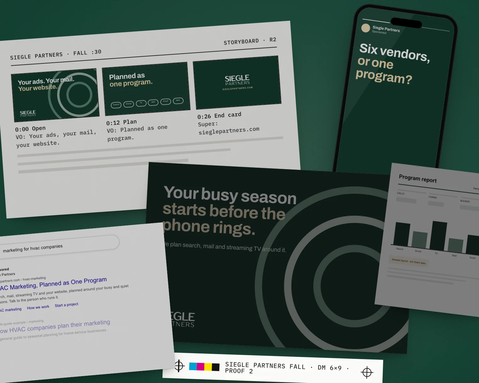 Mockup: one week of a sample Siegle Partners campaign, laid out on a table
