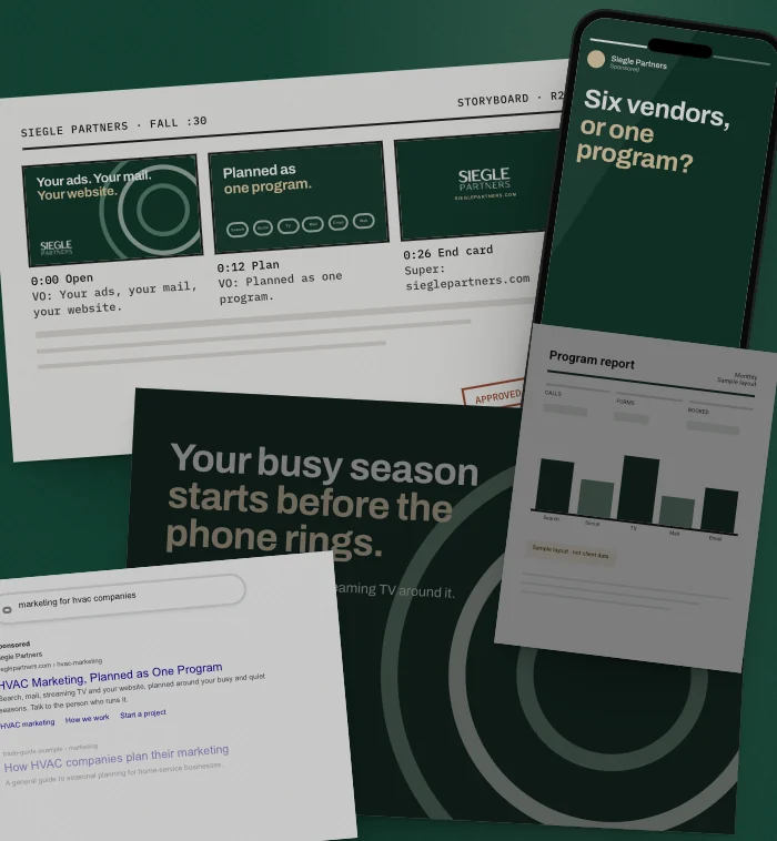 Mockup: one week of a sample Siegle Partners campaign, laid out on a table