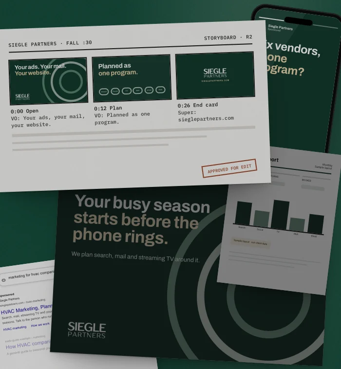 Mockup: one week of a sample Siegle Partners campaign, laid out on a table