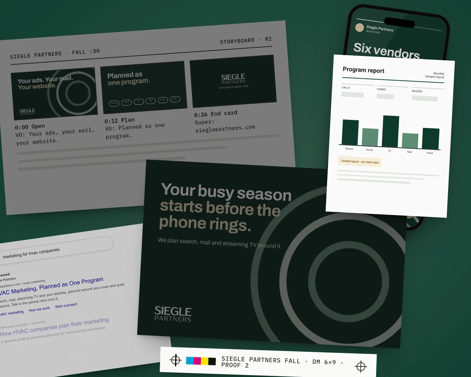 Mockup: one week of a sample Siegle Partners campaign, laid out on a table