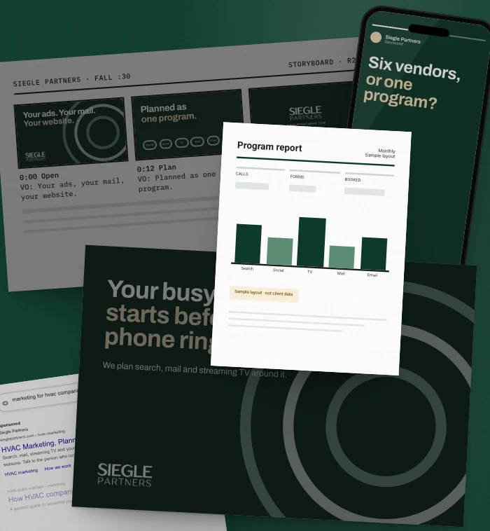 Mockup: one week of a sample Siegle Partners campaign, laid out on a table